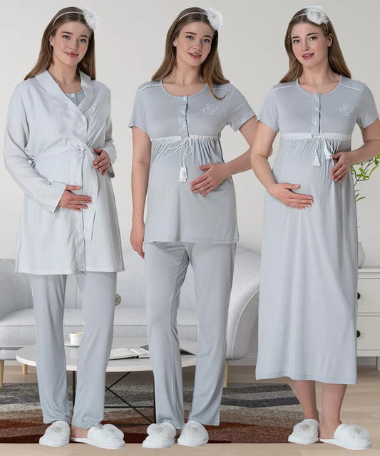 Önden Düğmeli Çizgili Sabahlıklı Hamile Lohusa Gecelikli Pimaja Takımı 4'Lü Set  Gri - 6061