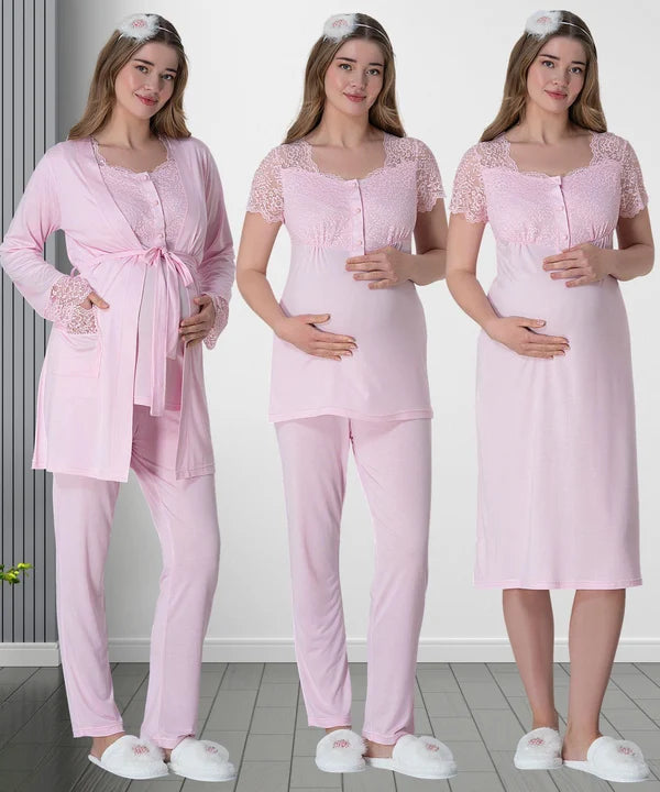 Önden Düğmeli Sabahlıklı Hamile Lohusa Gecelikli Pijama Takımı 4'Lü Set Pembe - 6062