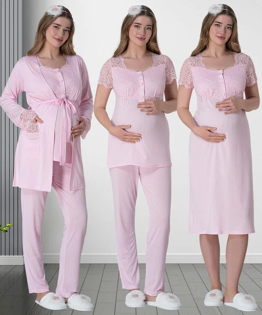 Önden Düğmeli Sabahlıklı Hamile Lohusa Gecelikli Pijama Takımı 4'Lü Set Pembe - 6062