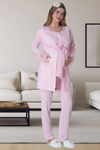 Önden Düğmeli Sabahlıklı Hamile Lohusa Gecelikli Pijama Takımı 4'Lü Set Pembe - 6062