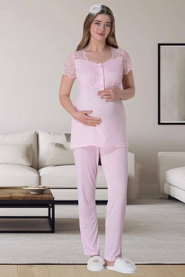 Önden Düğmeli Sabahlıklı Hamile Lohusa Gecelikli Pijama Takımı 4'Lü Set Pembe - 6062
