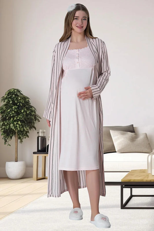 Çizgili Sabahlıklı Hamile Lohusa Gecelikli Pijama Takımı 4'Lü Set Pembe - 6063