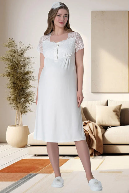 Önden Düğmeli Sabahlıklı Hamile Lohusa Gecelikli Pijama Takımı 4'Lü Set Ekru -6065