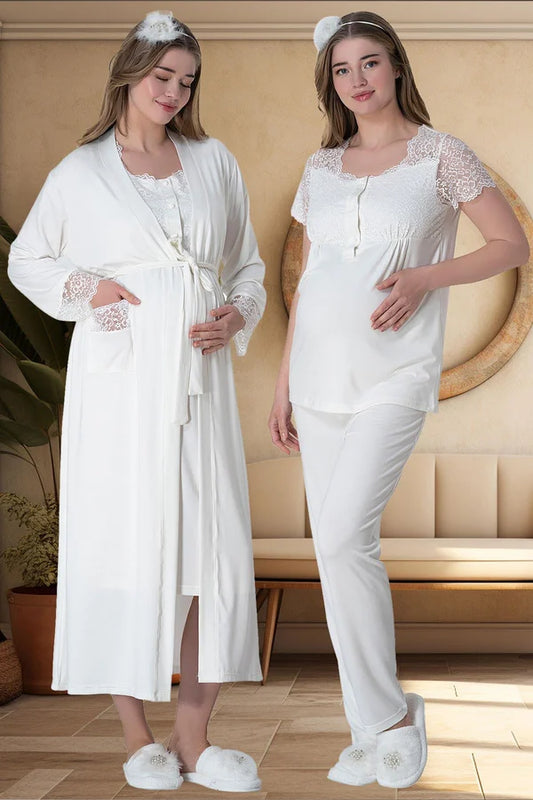 Önden Düğmeli Sabahlıklı Hamile Lohusa Gecelikli Pijama Takımı 4'Lü Set Ekru -6065