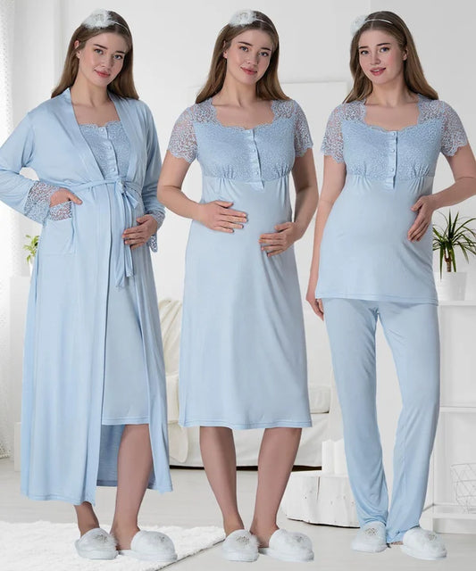 Önden Düğmeli Sabahlıklı Hamile Lohusa Gecelikli Pijama Takımı 4'Lü Set Mavi - 6065