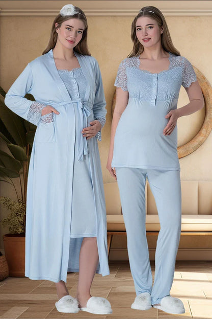 Önden Düğmeli Sabahlıklı Hamile Lohusa Gecelikli Pijama Takımı 4'Lü Set Mavi - 6065