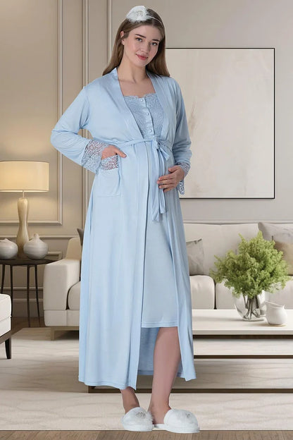 Önden Düğmeli Sabahlıklı Hamile Lohusa Gecelikli Pijama Takımı 4'Lü Set Mavi - 6065