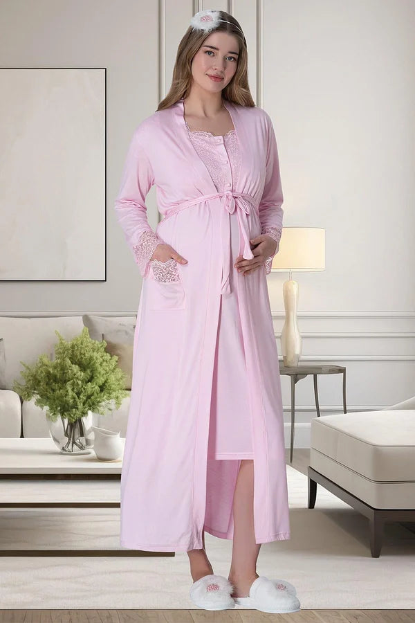 Önden Düğmeli Sabahlıklı Hamile Lohusa Gecelikli Pijama Takımı 4'Lü Set Pembe - 6065
