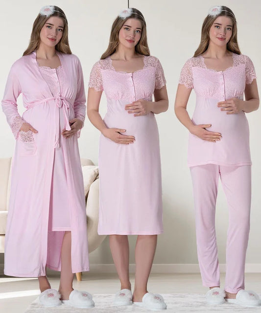 Önden Düğmeli Sabahlıklı Hamile Lohusa Gecelikli Pijama Takımı 4'Lü Set Pembe - 6065