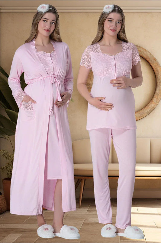 Önden Düğmeli Sabahlıklı Hamile Lohusa Gecelikli Pijama Takımı 4'Lü Set Pembe - 6065