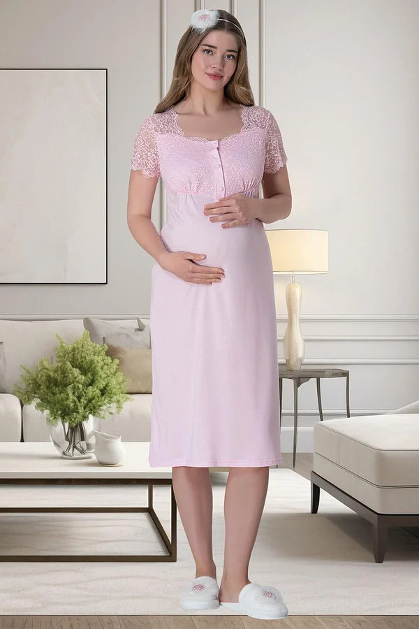 Önden Düğmeli Sabahlıklı Hamile Lohusa Gecelikli Pijama Takımı 4'Lü Set Pembe - 6065