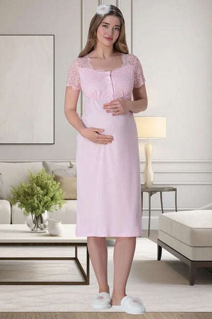 Önden Düğmeli Sabahlıklı Hamile Lohusa Gecelikli Pijama Takımı 4'Lü Set Pembe - 6065