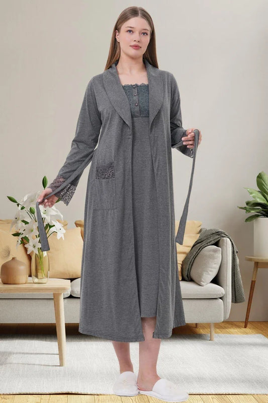 Dantelli Kol Sabahlıklı Önden Düğmeli Hamile Lohusa Gecelikli Pijama Takımı 4'Lü Set Füme - 6066