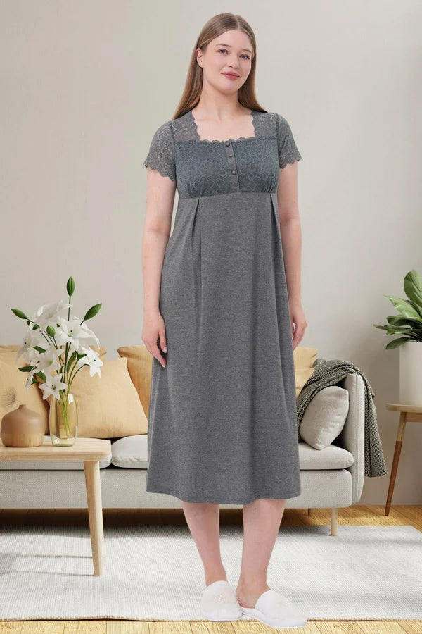 Dantelli Kol Sabahlıklı Önden Düğmeli Hamile Lohusa Gecelikli Pijama Takımı 4'Lü Set Füme - 6066