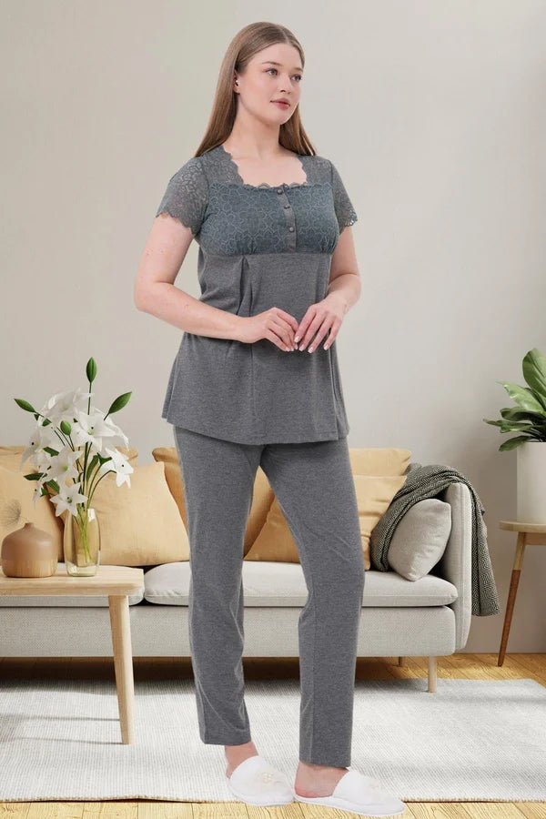 Dantelli Kol Sabahlıklı Önden Düğmeli Hamile Lohusa Gecelikli Pijama Takımı 4'Lü Set Füme - 6066