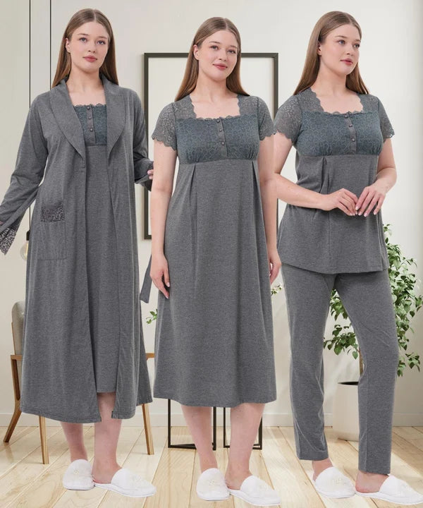 Dantelli Kol Sabahlıklı Önden Düğmeli Hamile Lohusa Gecelikli Pijama Takımı 4'Lü Set Füme - 6066