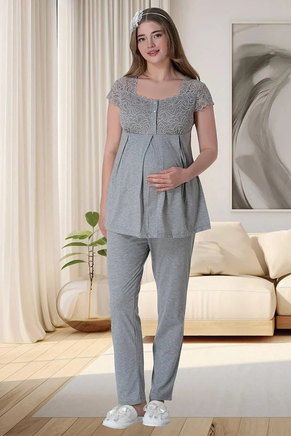 Dantelli Kol Sabahlıklı Önden Düğmeli Hamile Lohusa Gecelikli Pijama Takımı 4'Lü Set Gri - 6066