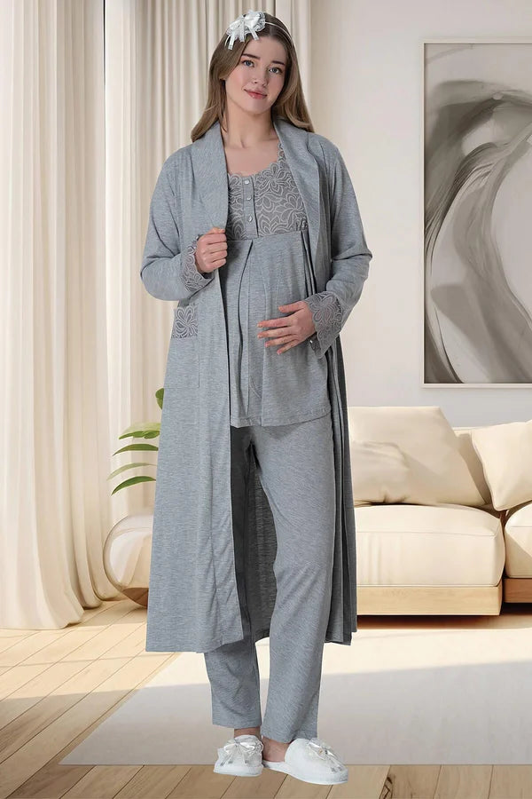 Dantelli Kol Sabahlıklı Önden Düğmeli Hamile Lohusa Gecelikli Pijama Takımı 4'Lü Set Gri - 6066