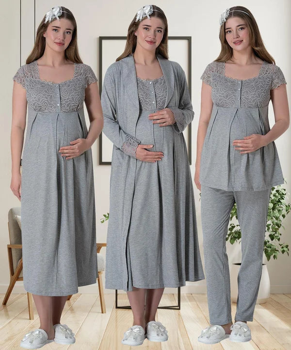 Dantelli Kol Sabahlıklı Önden Düğmeli Hamile Lohusa Gecelikli Pijama Takımı 4'Lü Set Gri - 6066