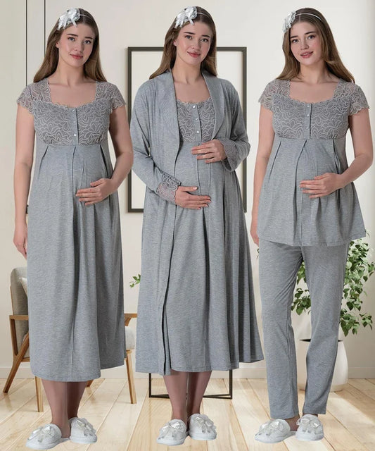 Dantelli Kol Sabahlıklı Önden Düğmeli Hamile Lohusa Gecelikli Pijama Takımı 4'Lü Set Gri - 6066