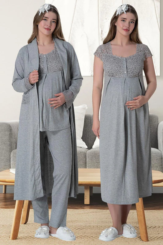 Dantelli Kol Sabahlıklı Önden Düğmeli Hamile Lohusa Gecelikli Pijama Takımı 4'Lü Set Gri - 6066