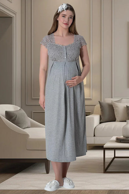 Dantelli Kol Sabahlıklı Önden Düğmeli Hamile Lohusa Gecelikli Pijama Takımı 4'Lü Set Gri - 6066