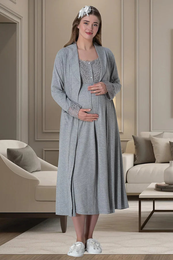 Dantelli Kol Sabahlıklı Önden Düğmeli Hamile Lohusa Gecelikli Pijama Takımı 4'Lü Set Gri - 6066