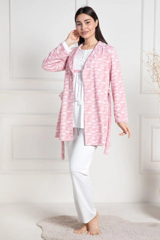 Önden Düğmeli Hamile Lohusa Sabahlıklı Şardonlu Pijama Takımı Pembe - 6100