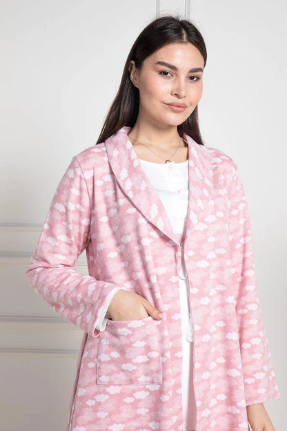 Önden Düğmeli Hamile Lohusa Sabahlıklı Şardonlu Pijama Takımı Pembe - 6100