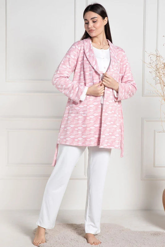 Önden Düğmeli Hamile Lohusa Sabahlıklı Şardonlu Pijama Takımı Pembe - 6100