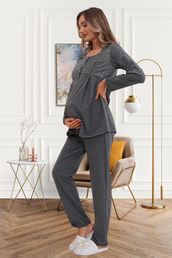 Dantel Kol Önden Düğmeli Hamile Lohusa Pijama Takımı  Füme - 6102