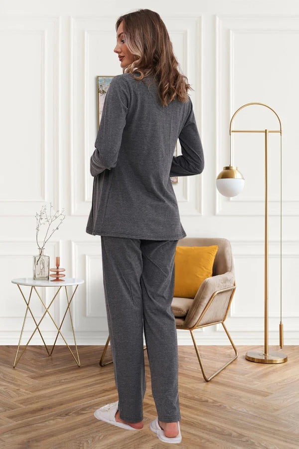 Dantel Kol Önden Düğmeli Hamile Lohusa Pijama Takımı  Füme - 6102