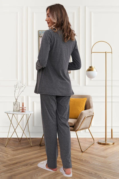 Dantel Kol Önden Düğmeli Hamile Lohusa Pijama Takımı  Füme - 6102