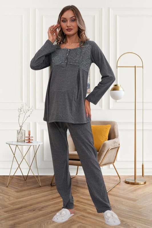 Dantel Kol Önden Düğmeli Hamile Lohusa Pijama Takımı  Füme - 6102