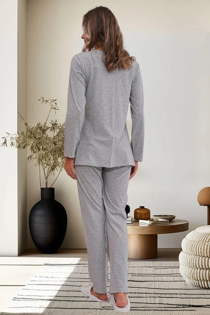 Dantel Kol Önden Düğmeli Hamile Lohusa Pijama Takımı  Gri - 6102