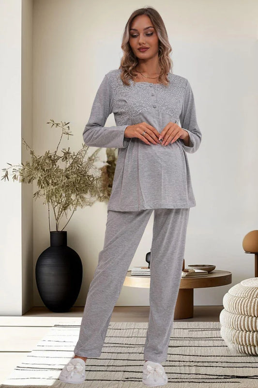 Dantel Kol Önden Düğmeli Hamile Lohusa Pijama Takımı  Gri - 6102