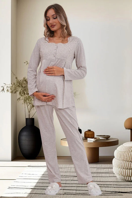 Dantel Kol Önden Düğmeli Hamile Lohusa Pijama Takımı  Vizon - 6102