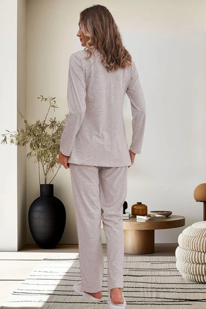 Dantel Kol Önden Düğmeli Hamile Lohusa Pijama Takımı  Vizon - 6102