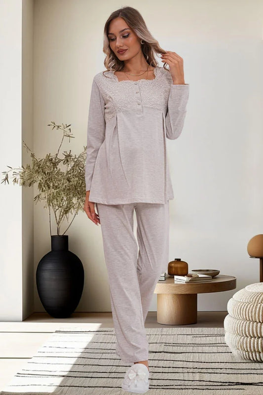 Dantel Kol Önden Düğmeli Hamile Lohusa Pijama Takımı  Vizon - 6102