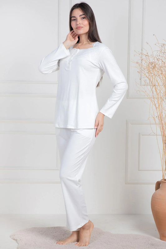 Dantelli Boydan Düğmeli Pijama Takımı Ekru - 6105