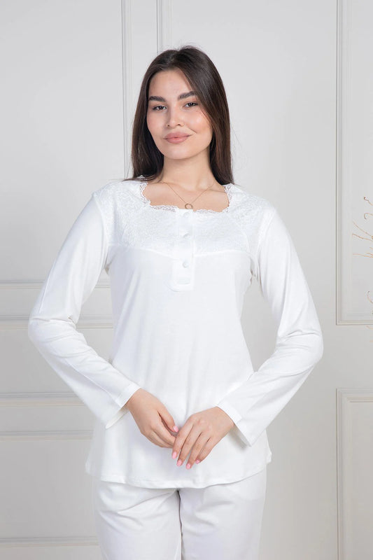 Dantelli Boydan Düğmeli Pijama Takımı Ekru - 6105