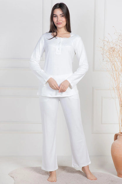Dantelli Boydan Düğmeli Pijama Takımı Ekru - 6105