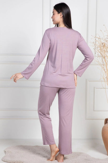 Dantel Desenli Önden Düğmeli Uzun Kollu Pijama Takımı Gül Kurusu - 6104