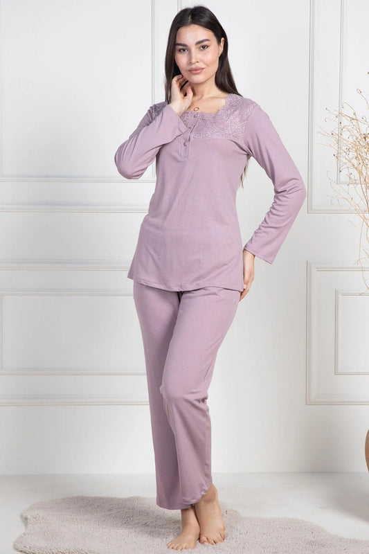 Dantel Desenli Önden Düğmeli Uzun Kollu Pijama Takımı Gül Kurusu - 6104