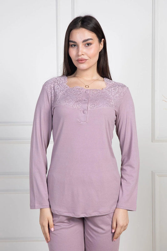 Dantel Desenli Önden Düğmeli Uzun Kollu Pijama Takımı Gül Kurusu - 6104