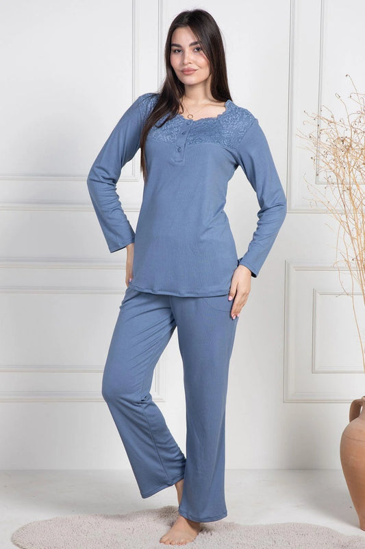 Dantel Desenli Önden Düğmeli Uzun Kollu Pijama Takımı İndigo - 6104