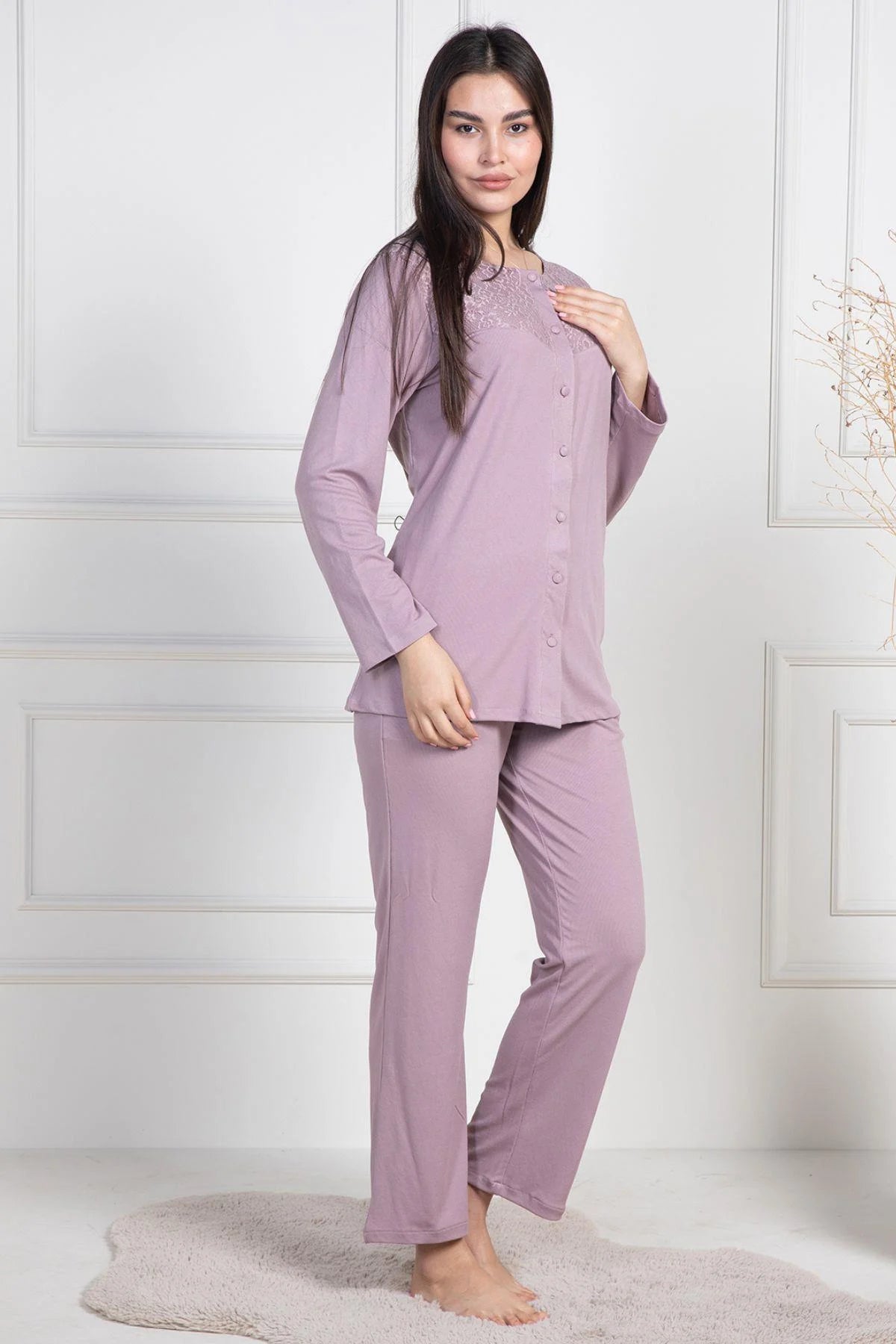 Dantelli Boydan Düğmeli  Uzun Kollu Pijama Takımı Gül Kurusu- 6105