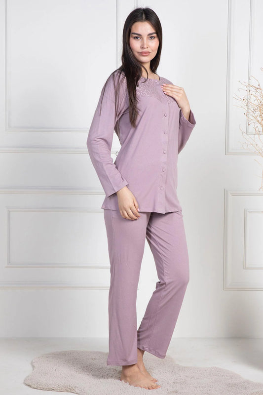 Dantelli Boydan Düğmeli  Uzun Kollu Pijama Takımı Gül Kurusu- 6105