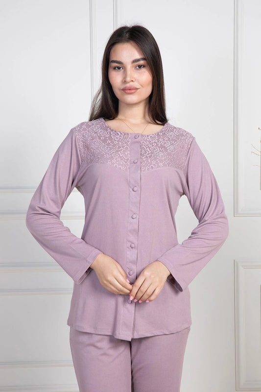 Dantelli Boydan Düğmeli  Uzun Kollu Pijama Takımı Gül Kurusu- 6105