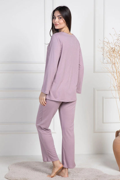 Dantelli Boydan Düğmeli  Uzun Kollu Pijama Takımı Gül Kurusu- 6105